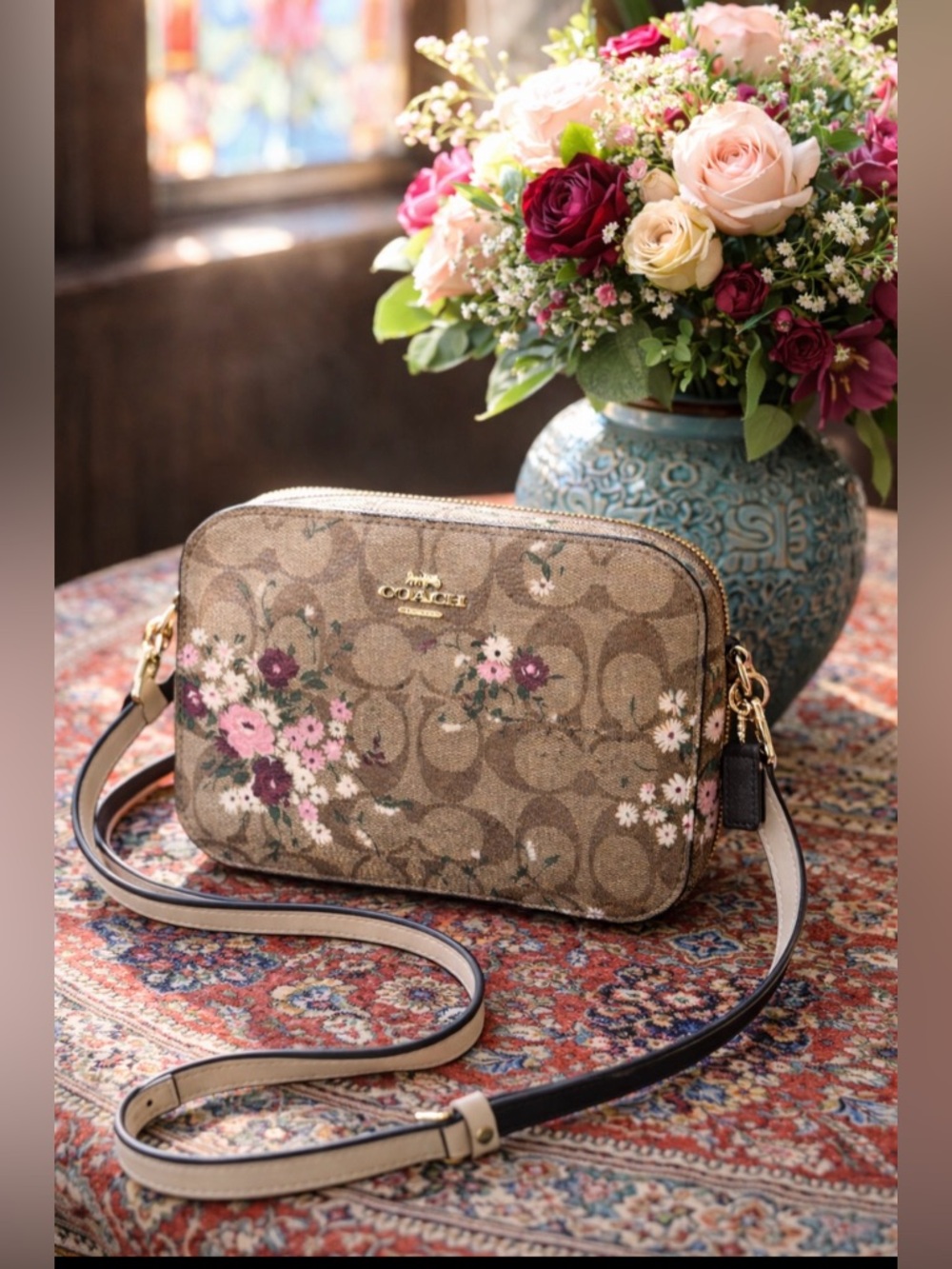 Coach Brown Floral Signature Crossbody with Pink Accents